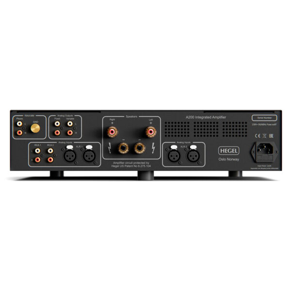 Hegel A200 vista posteriore con ingressi XLR e RCA