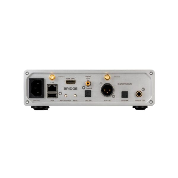 Pannello posteriore del Lindemann Woodnote BRIDGE con uscite AES/EBU, coassiale e ottica, HDMI e USB