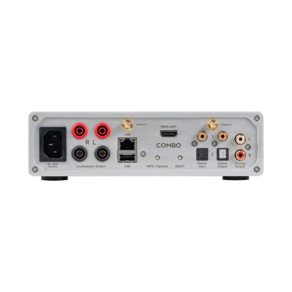 Pannello posteriore del Lindemann Woodnote COMBO con morsetti per diffusori, HDMI, USB e ingressi digitali