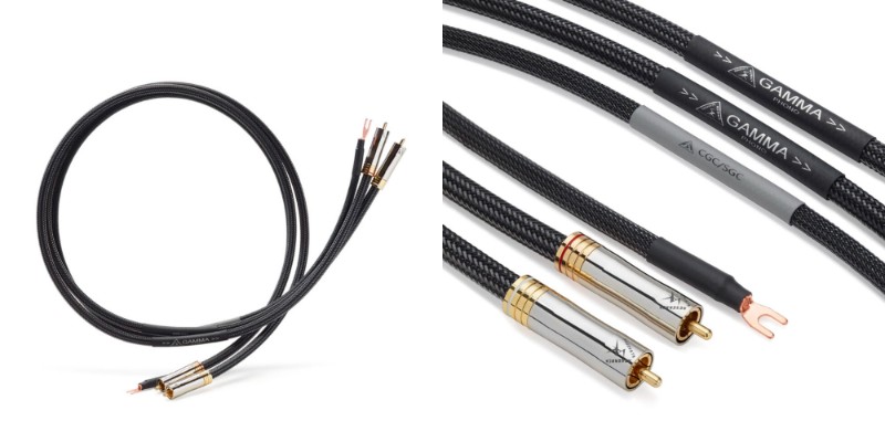Shunyata Gamma Phono – cavo e connettori Coppia di cavi phono Shunyata Gamma arrotolata e dettaglio dei connettori RCA dorati con forcella del cavo di massa