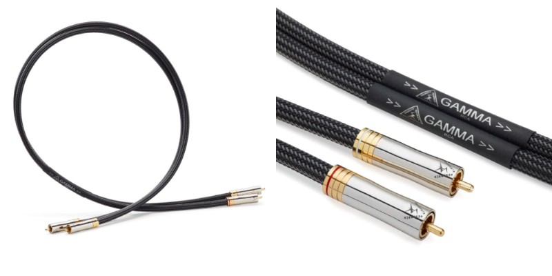 Coppia di cavi Shunyata Gamma RCA arrotolata e dettaglio dei connettori RCA dorati con fascetta Gamma