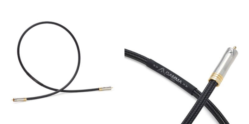 Shunyata Gamma S/PDIF – cavo e connettore Cavo coassiale Shunyata Gamma S/PDIF arrotolato e dettaglio del connettore RCA con scritta Gamma sulla guaina