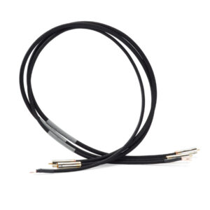 Coppia di cavi phono Shunyata Theta neri arrotolata con connettori RCA e cavo di massa