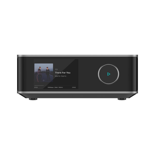 WiiM Amp Ultra vista frontale con touchscreen da 3,5 pollici