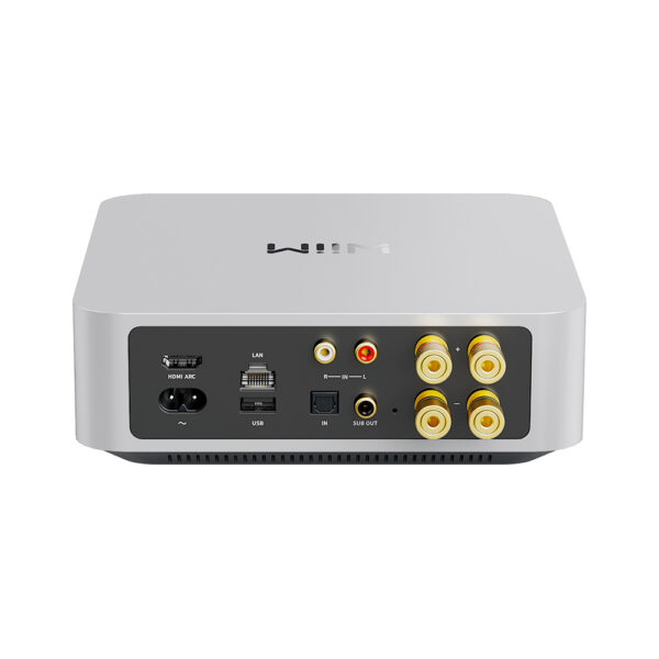 WiiM Amp vista posteriore con HDMI ARC Ethernet e ingressi audio