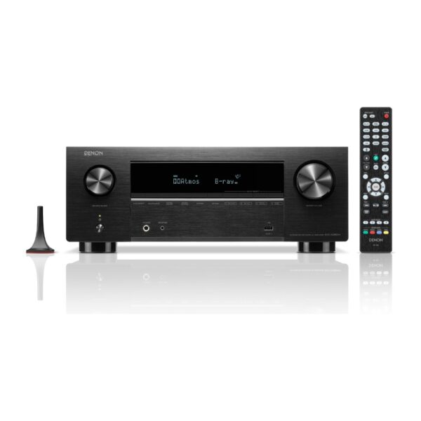 Denon AVC-X2850H – frontale con telecomando e microfono Denon AVC-X2850H sintoamplificatore AV nero, vista frontale con telecomando RC-1253 e microfono Audyssey