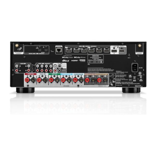 Pannello posteriore del Denon AVC-X2850H con ingressi HDMI, morsetti per 7 diffusori e uscite subwoofer