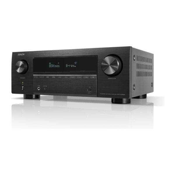 Sintoamplificatore AV Denon AVC-X2850H visto di tre quarti dal lato destro con manopola del volume