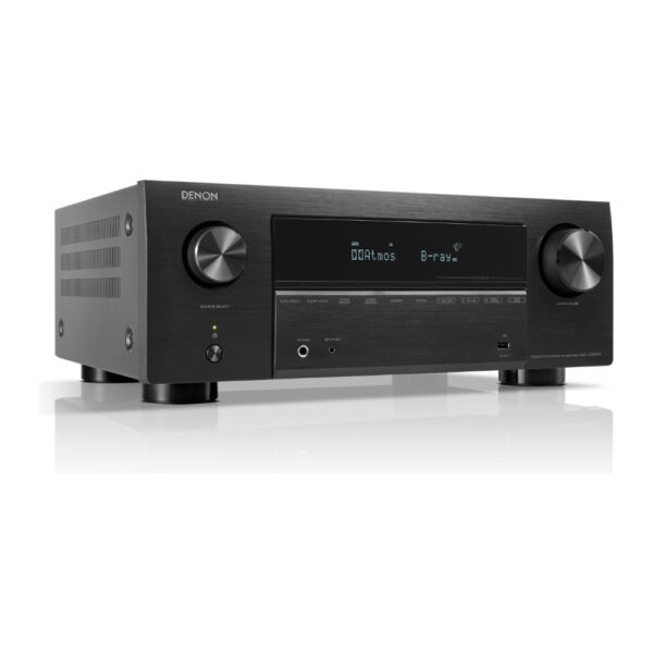 Sintoamplificatore AV Denon AVC-X2850H nero visto di tre quarti dal lato sinistro con display frontale