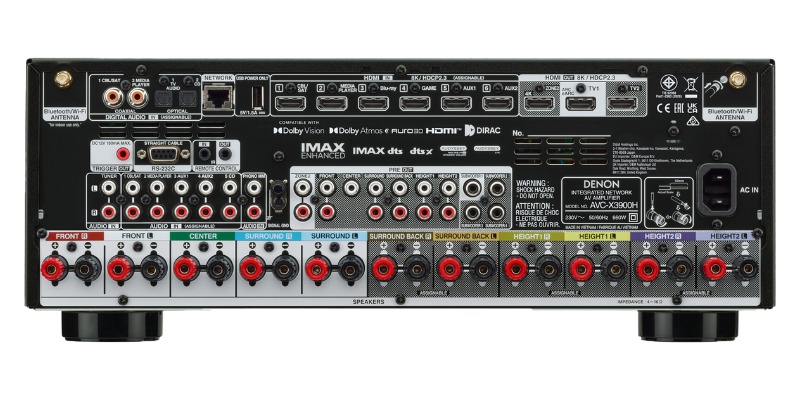 Denon AVC-X3900H – dettaglio connessioni posteriori Connessioni posteriori del sintoamplificatore Denon AVC-X3900H: ingressi e uscite HDMI 8K, pre-out 11.4, quattro uscite subwoofer e morsetti per 11 diffusori