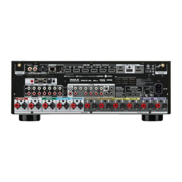 Pannello posteriore del Denon AVC-X3900H con 6 ingressi HDMI 8K, 3 uscite HDMI, pre-out 11.4 e 11 coppie di morsetti