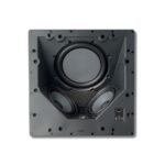 Diffusore da soffitto Focal 100 ICLCR5 quadrato visto di fronte senza griglia, con radiatore passivo al centro, due woofer e tweeter