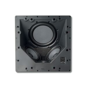 Diffusore da soffitto Focal 100 ICLCR5 quadrato visto di fronte senza griglia, con radiatore passivo al centro, due woofer e tweeter