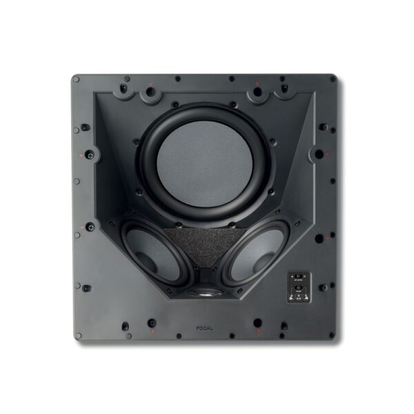 Focal 100 ICLCR5 vista frontale Diffusore da soffitto Focal 100 ICLCR5 quadrato visto di fronte senza griglia, con radiatore passivo al centro, due woofer e tweeter