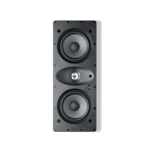 Diffusore LCR da incasso Focal 100 IWLCR5 in verticale senza griglia, con due woofer Polyglass e il tweeter al centro