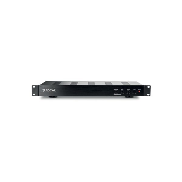 Amplificatore Focal 100 IWSUB8 Amplifier nero in formato rack 1U visto di fronte, con il logo Focal