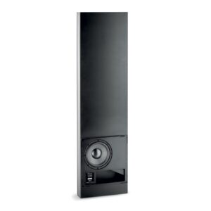 Subwoofer da incasso Focal 100 IWSUB8 di tre quarti senza griglia, alto e stretto, con il woofer Polyglass in basso