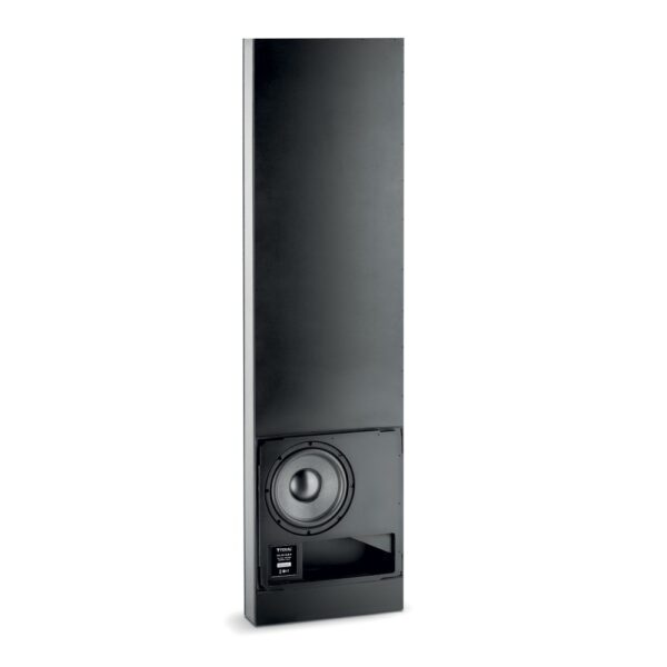 Focal 100 IWSUB8 di tre quarti Subwoofer da incasso Focal 100 IWSUB8 di tre quarti senza griglia, alto e stretto, con il woofer Polyglass in basso