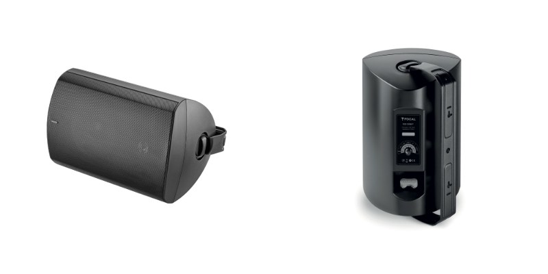 A sinistra il Focal 100 OD8 nero montato in orizzontale, a destra il retro del Focal 100 OD8-T con il selettore rotativo del trasformatore