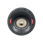 Diffusore da soffitto Focal 300 ICA6 visto di fronte senza griglia, con woofer in lino Flax e tweeter al centro