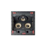 Diffusore LCR da soffitto Focal 300 ICLCR5 quadrato visto di fronte senza griglia, con due woofer, il midrange e il tweeter sulla piastra centrale