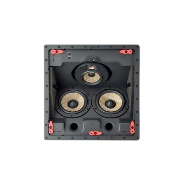 Focal 300 ICLCR5 vista frontale Diffusore LCR da soffitto Focal 300 ICLCR5 quadrato visto di fronte senza griglia, con due woofer, il midrange e il tweeter sulla piastra centrale