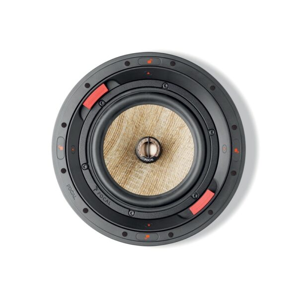Focal 300 ICW8 vista frontale Diffusore da incasso Focal 300 ICW8 visto di fronte senza griglia, con woofer in lino Flax da 21 cm e tweeter coassiale