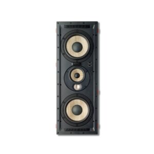 Diffusore LCR da parete Focal 300 IWLCR6 in verticale senza griglia, con due woofer in lino Flax e il modulo midrange e tweeter al centro