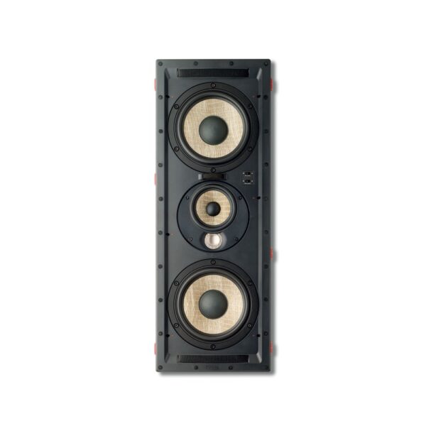Focal 300 IWLCR6 vista frontale Diffusore LCR da parete Focal 300 IWLCR6 in verticale senza griglia, con due woofer in lino Flax e il modulo midrange e tweeter al centro