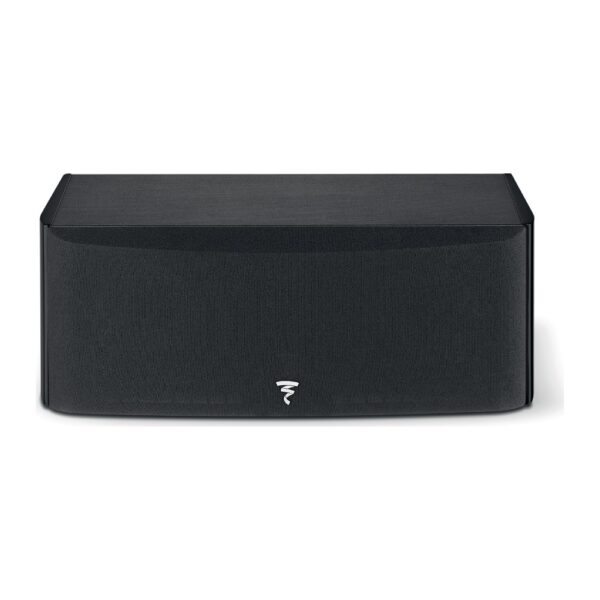 Vista frontale del Focal Aria Evo X Center nero lucido con griglia magnetica applicata