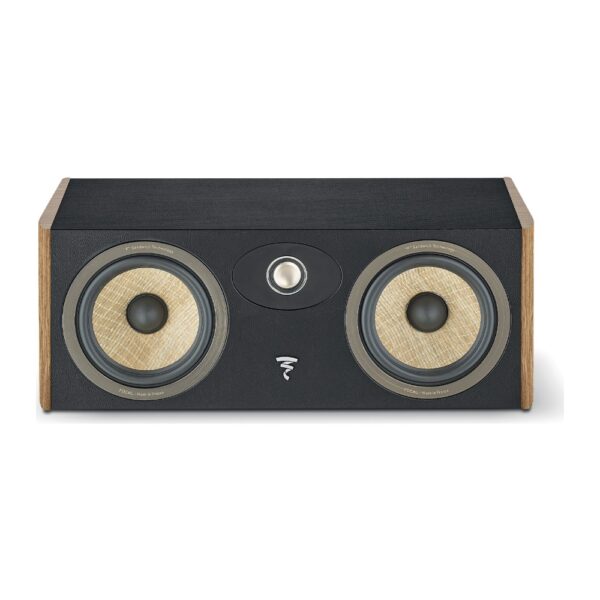 Vista frontale del Focal Aria Evo X Center in Noce Prime senza griglia, con due woofer Flax da 16,5 cm e tweeter TAM