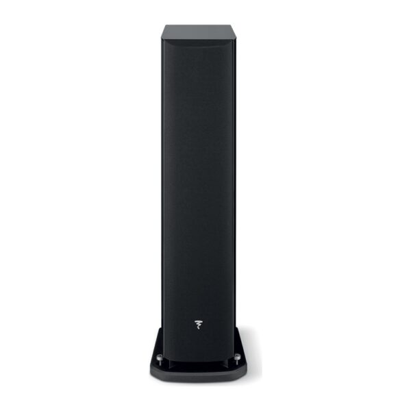 Vista frontale del Focal Aria Evo X N°2 nero lucido con griglia magnetica e base in alluminio
