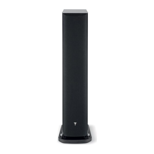 Vista frontale del Focal Aria Evo X N°3 nero lucido con griglia magnetica e base in alluminio