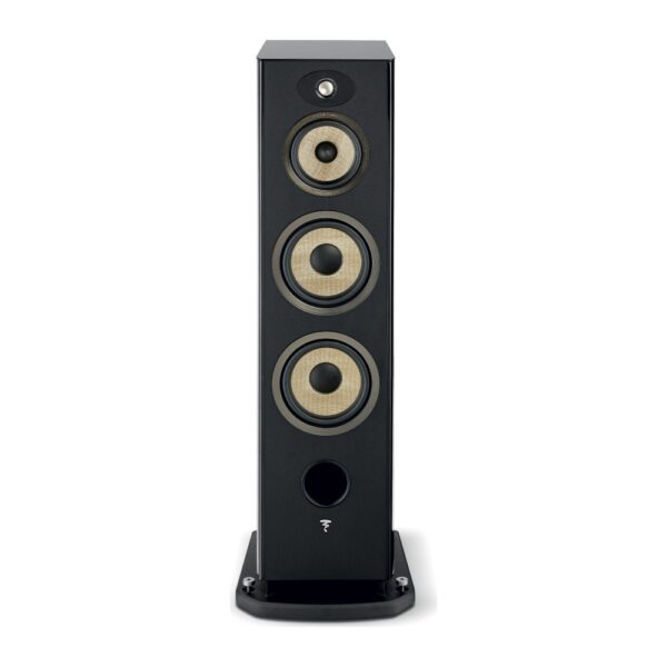 Vista frontale del Focal Aria Evo X N°4 nero lucido senza griglia, con i due woofer Flax da 21 cm in basso