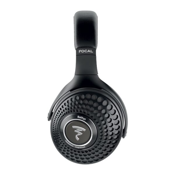 Padiglione delle Focal Bathys Deep Black visto di lato, con griglia traforata e logo Focal