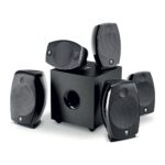 Sistema Focal Sib Evo Dolby Atmos 5.1.2 con i satelliti neri lucidi disposti intorno al subwoofer Cub Evo