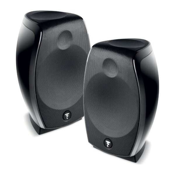 Coppia di satelliti Focal Sib Evo Dolby Atmos 2.0 neri lucidi affiancati, vista di tre quarti