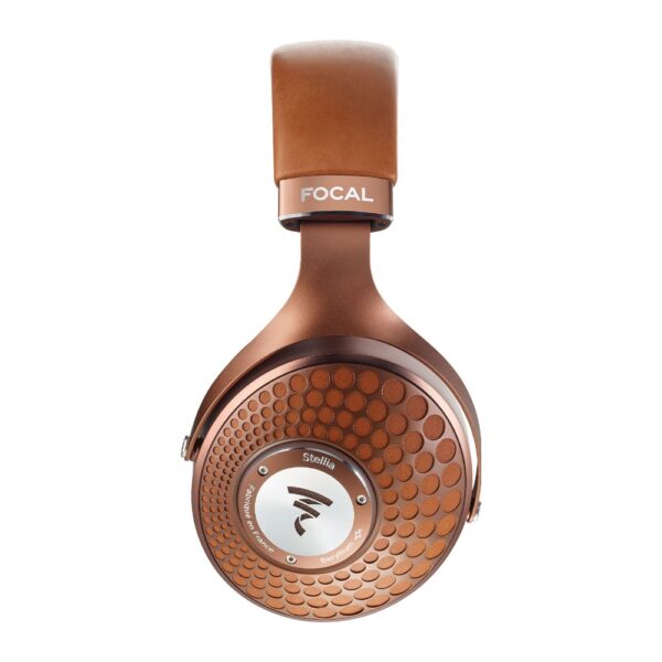 Padiglione delle Focal Stellia color cognac visto di lato con logo Focal