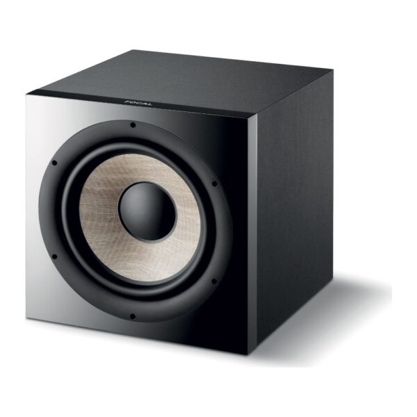 Focal Sub 1000F – vista di tre quarti Subwoofer Focal Sub 1000F nero visto di tre quarti senza griglia, con il woofer Flax da 30 cm