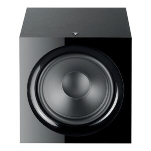 Focal Sub 600P subwoofer attivo senza griglia, vista frontale con woofer Polyflex da 30 cm e frontale nero lucido