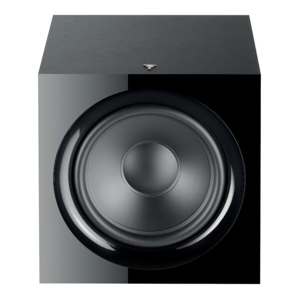 Focal Sub 600P subwoofer attivo senza griglia, vista frontale con woofer Polyflex da 30 cm e frontale nero lucido