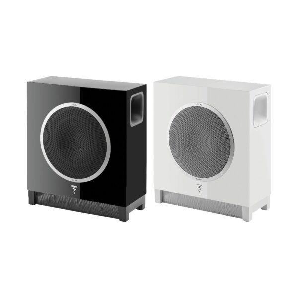 Due subwoofer piatti Focal Sub Air, nero lucido e bianco lucido, visti di tre quarti