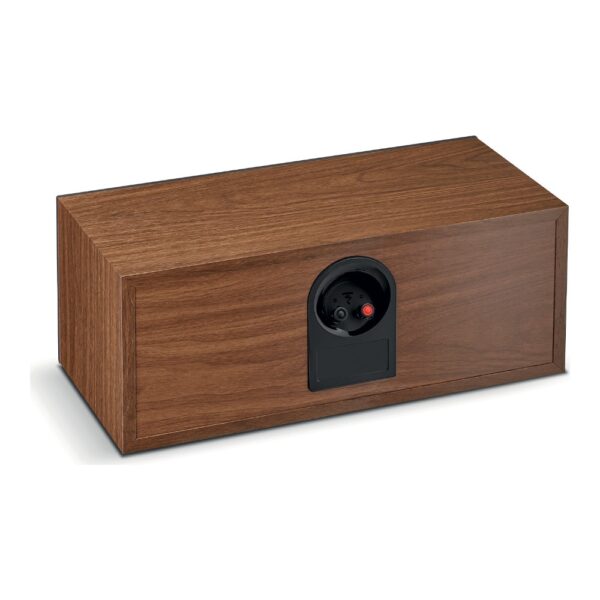 Retro del Focal Theva Center in Legno scuro con morsetti per i cavi dei diffusori