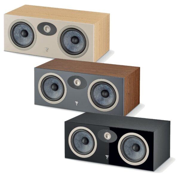 Focal Theva Center nelle finiture Legno chiaro, Legno scuro e Nero Lucido Tre diffusori centrali Focal Theva Center disposti a cascata in Legno chiaro, Legno scuro e Nero Lucido, senza griglia