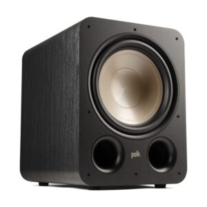 Polk Signature Elite ES12 visto di tre quarti senza griglia, con woofer e due Power Port frontali