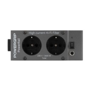 Modulo Powergrip PowerRail visto di fronte, con due prese Schuko, pulsante e indicatore LED