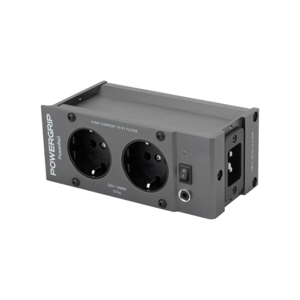 Powergrip PowerRail grigio scuro visto di tre quarti, con le due prese e il connettore laterale