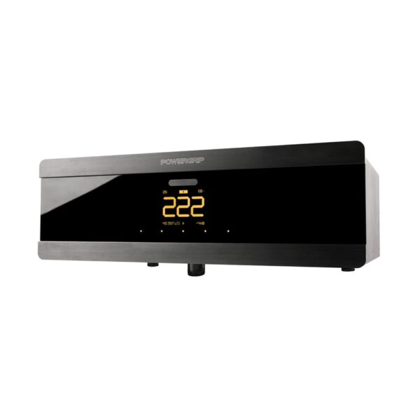 Console di alimentazione Powergrip YG-3 nera vista di tre quarti, con frontale in alluminio e display acceso