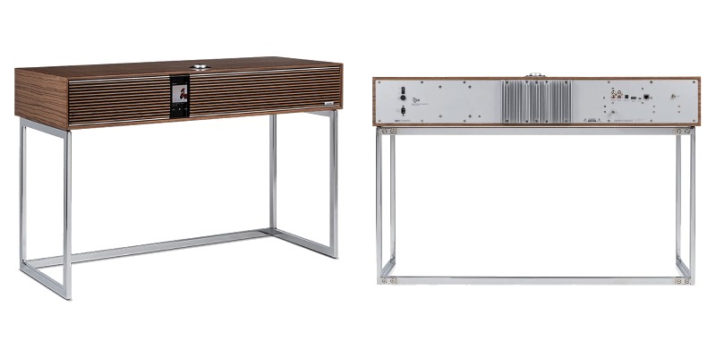Ruark R810 in noce su stand cromato vista di fronte e dal retro con i collegamenti